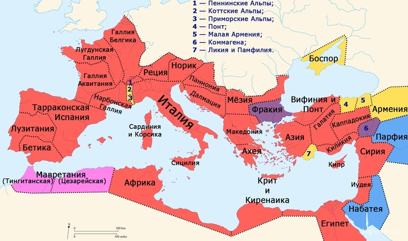 Римская империя при Калигуле. Красным отмечены Рим и его провинции; синим — независимые страны; оранжевым — зависимые от Рима страны; фиолетовым — аннексированная Мавретания