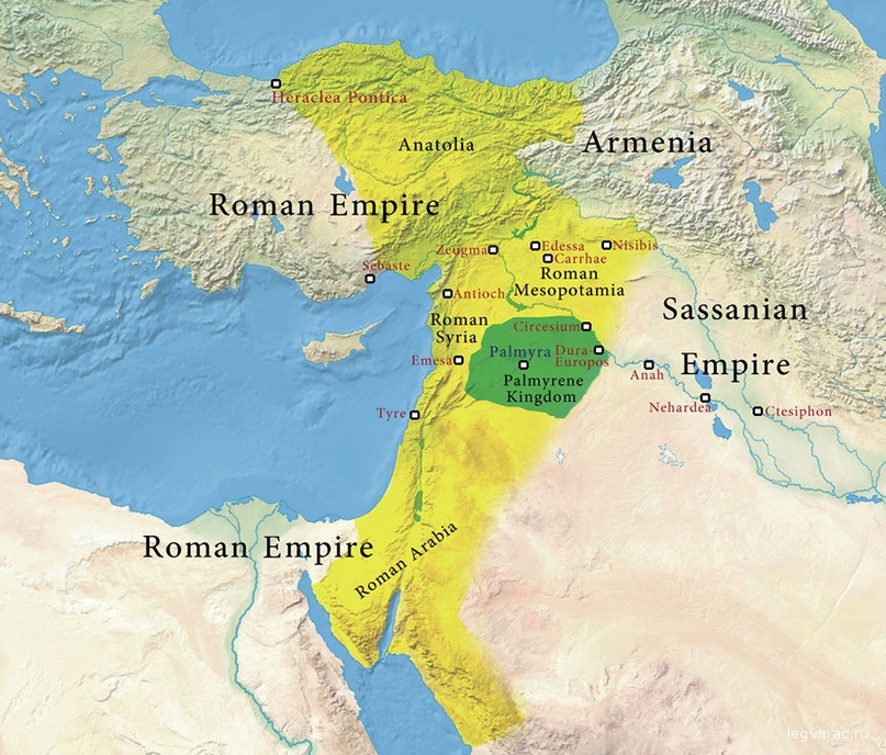 Карта Пальмирского царства (зелёным) и сферы его влияния (жёлтым) при Септимии Оденате.
