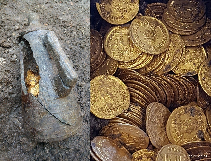 Амфора с кладом в несколько сотен золотых монет, обнаруженная археологами недалеко от итальянского озера Комо