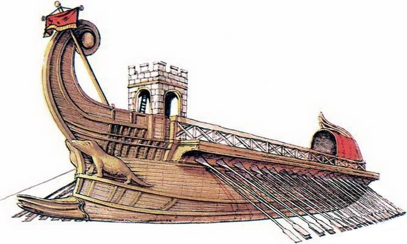 В битве при Акции эскадры обеих сторон преимущественно состояли из больших тяжёлых кораблей. Римская квадрирема I века до н.э., современная реконструкция