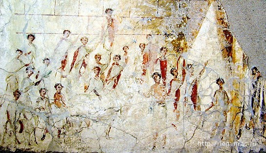 Помпеи. Фреска изображающие римских мужчин в togae praetextae с темнокрасными полосами, участвующие в Ludi Сompitalicii