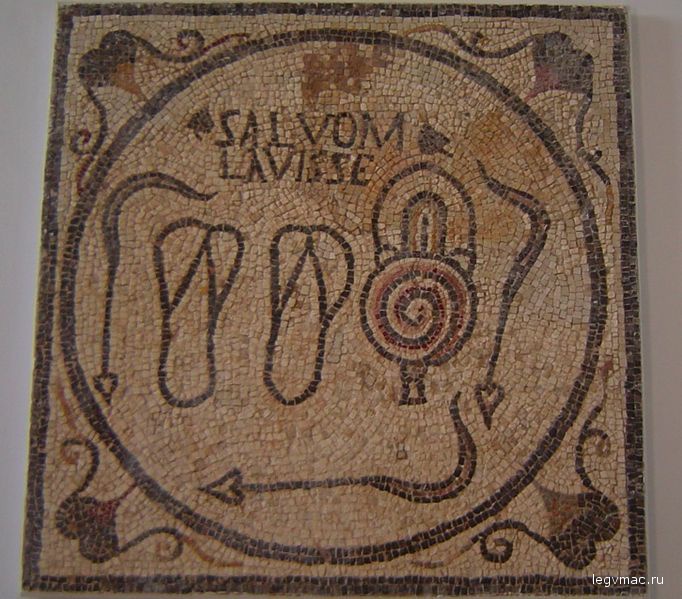Mosaic bath sign from Sabratha, Libya, showing bathing sandals, three strigils, and the slogan SALVOM LAVISSE, 
