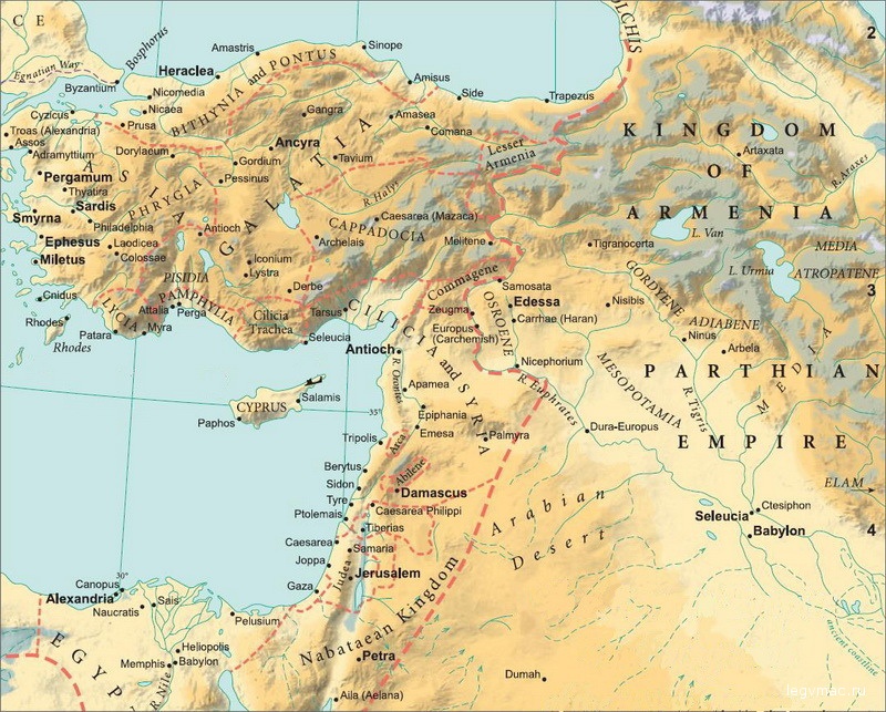 Ближний Восток, разделённый между Римом и Парфией. Источник: Curtis, A. Oxford Bible Atlas / А. Curtis. — Oxford, 2007