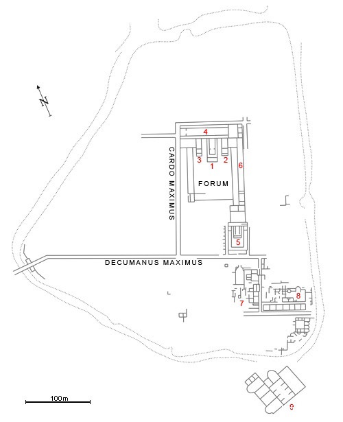 Plan of the roman colony Ulpia Oescus: 1- 3. The Temples of the Capitolian Trias - Jupiter, Juno and Minerva, 4. The basilica civilis, 5. The temple of Fortuna, 6. The building for the walking during the winter, 7. The building with the mosaic 