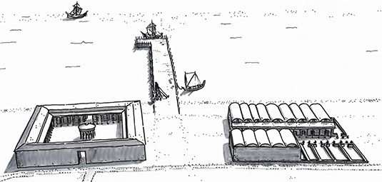 Реконструкция прибрежной зоны Meninx между зданием рынка (Macellum, слева) и зданиями хранения (Horrea, справа) с посадочной площадкой (рисунок: MAP / Max Fiederling, Tobias Bitterer)