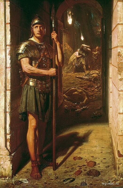 Картина Эдварда Пойнтера «Верный до смерти» (1865) даёт хорошее представление о том, как римский доспех представляли художники середины XIX века.