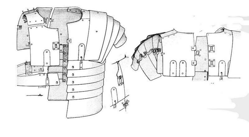 Римская лорика из Ньюстеда. Рисунок Питера Коннолли. Источник: Bishop, M.C. Lorica Segmentata Volume I: A Handbook of Articulated Roman Plate Armour. — London, 2002. — Р. 55