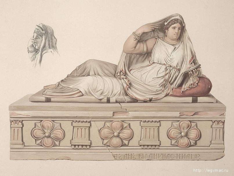 Саркофаг женщины из семьи Сеянти.
Глина. II в. до н. э.
Рисунок по акварели Ф. Эйхлера 1886 г.
Лондон, Британский музей.