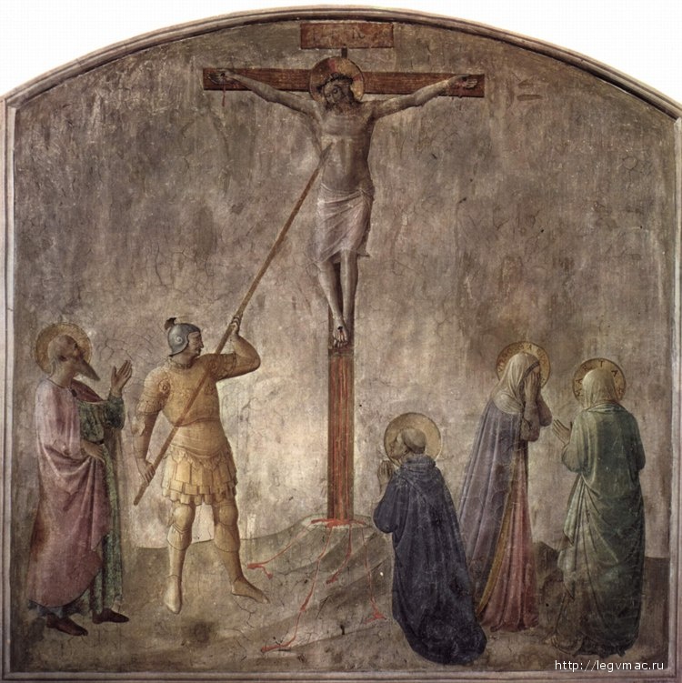 Лонгин, пронзающий грудь Христа. Фрагмент фрески Фра Анджелико.