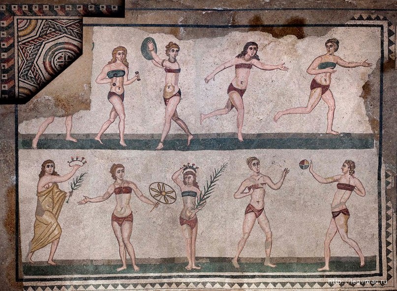 Девушки исполняют танец - мозаика IV века н. э. на Пьяцца-Армерина на Сицилии