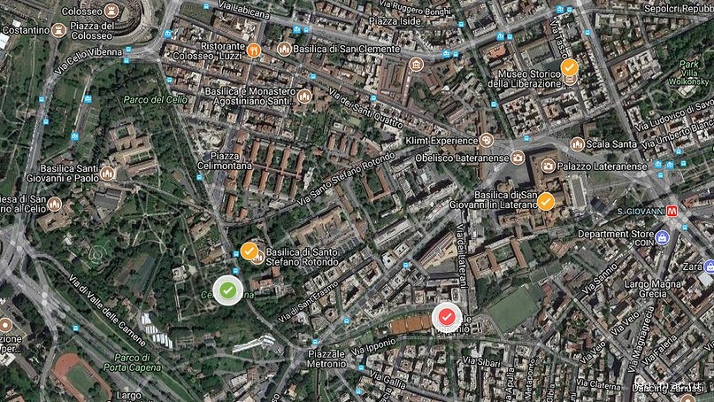 Места расположения найденных ранее следов военных лагерей. Красным отмечено место текущих раскопок на Амба Арадам, оранжевым — предыдущие находки, зеленым – расположение лагеря, известное только по Мраморной карте Рима. Изображение: Google Maps