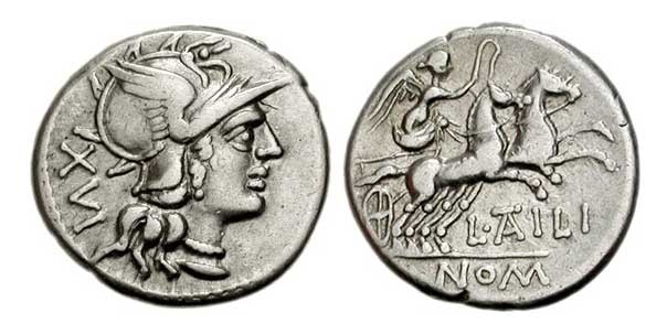 Серебряный Денарий 141 до н.э., 3.86 грамм