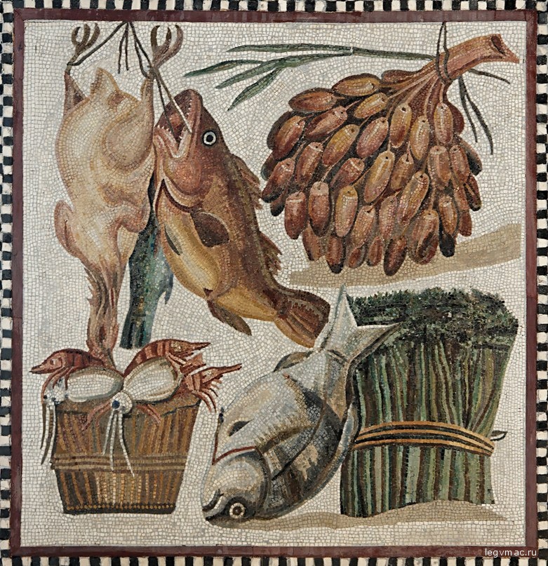Still-life mosaic of fruit, vegetables, seafood and meat from a villa at Tor Marancia, 2nd century CE.