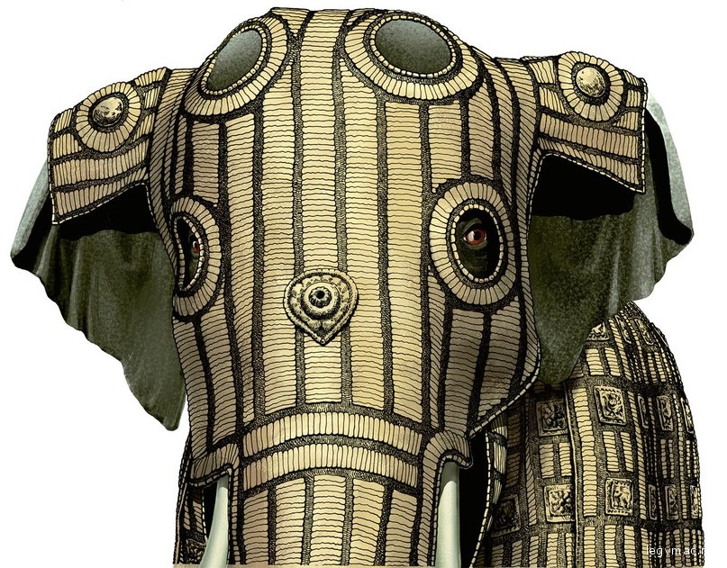 Индийский боевой доспех слона, XVII век. Экспонат Королевских оружейных палат в Лидсе, Англия 
Иллюстрации Ростом Чичьянц