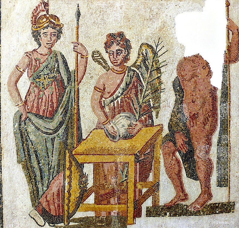 Богиня победы держит урну для голосования, которым боги разрешат спор Афины и Посейдона за Аттику. Римская мозаика. III век