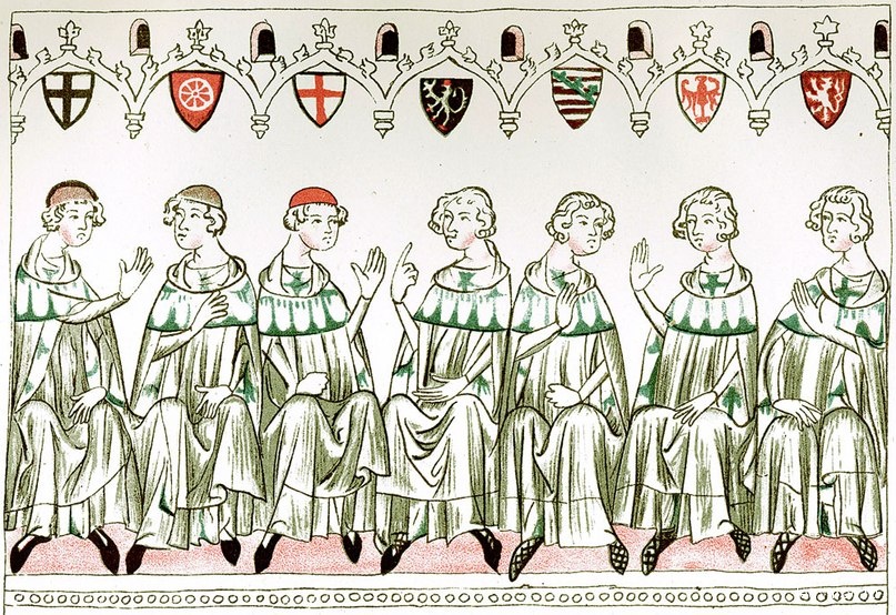 Князья-курфюрсты избирают императора, Генриха VII. Копия миниатюры из иллюстрированной хроники Балдуинеума. 1341 год