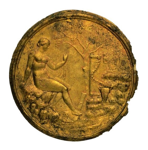Roman Hand Mirror, 2nd century A.D. Gilt bronze