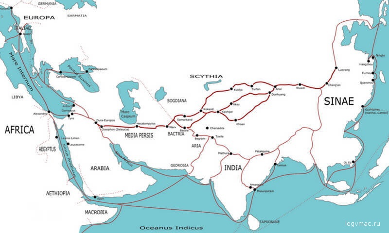 Карта основных маршрутов Великого шёлкового пути во II веке до н.э. — V веке н.э.