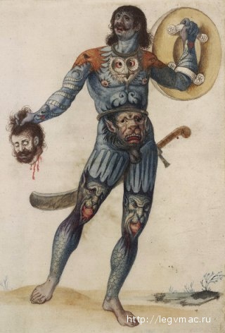 Мужчина-пикт с отрубленной головой.<br>Художник: Джон Уайт. 1585-1593
