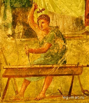 Fresco of a carpenter at work, from the House of the Vettii. Around 200 workshops of different kinds so far have been identified in Pompeii.