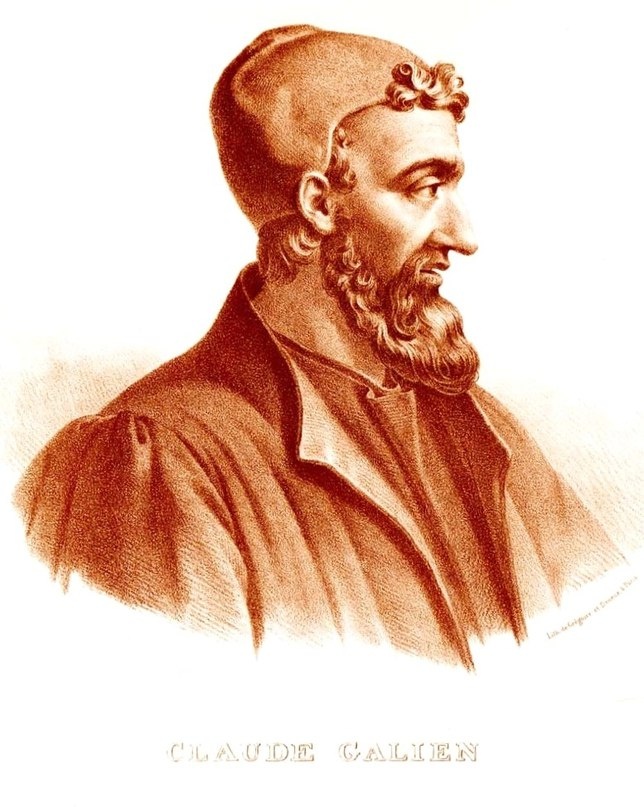 Galen of Pergamon (Claudius Galenus, or in French, Claude Galien), the most famous medical researcher of classical antiquity. Lithograph by Pierre Roche Vigneron. (Paris: Lithograph by Gregoire et Deneux, ca. 1865).