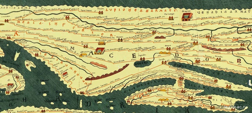 Part of Tabula Peutingeriana showing Western Moesia Inferior, Western Dacia and Macedonia