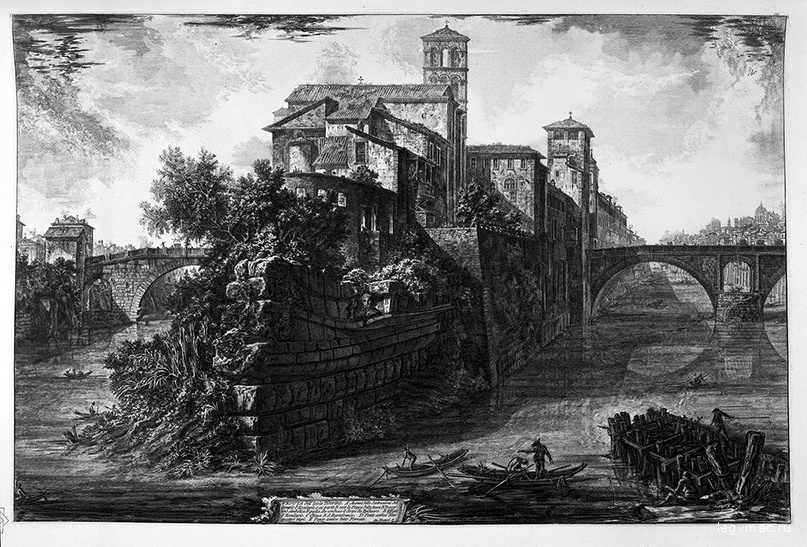 Гравюра Пиранези (1720-1778). Вид на Тибрский остров, 1748-1774. Руины Храма Эскулапа, а на них корма судна из травертина, символизирующая корабль, перевозящий змея из Эпидавра