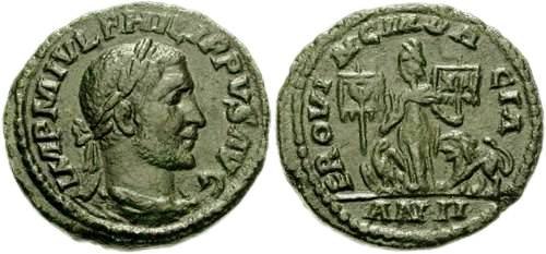 Монета с изображением легионных символов - орла Legio V Macedonica и льва Legio XIII Gemina